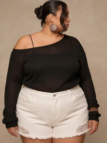 SHEIN CURVE+ Plus Size Casual Asymmetrical Shoulder Knit Top, Versatile All-Match T-Shirt For Autumn/Winter Fall - Black - View 4