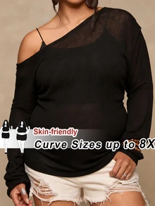 SHEIN CURVE+ Plus Size Casual Asymmetrical Shoulder Knit Top, Versatile All-Match T-Shirt For Autumn/Winter Fall - Black - View 6
