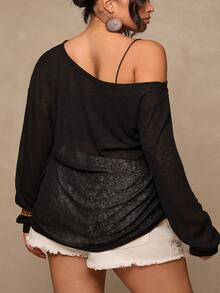 SHEIN CURVE+ Plus Size Casual Asymmetrical Shoulder Knit Top, Versatile All-Match T-Shirt For Autumn/Winter Fall - Black - View 2