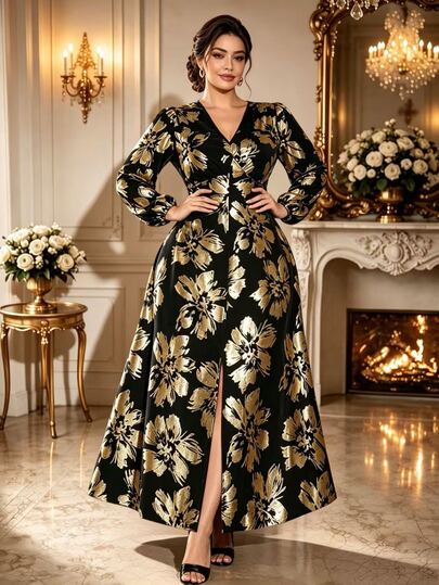 Cravure Plus Size Women's Christmas Black And Gold Foil Floral V-Neck Long Sleeve Cinched Waist Front Button Slit Dress, Elegant Party Formal Fall Gown