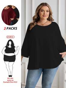 SHEIN CURVE+ 2件套 女士加大码休闲宽松七分袖T恤 情人节 - 彩色 - 查看 1