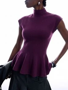 LYSMO 女款休閒優雅舒適深紫色荷葉邊針織上衣 適合辦公室、早午餐、秋季 - Bold Plum - 查看 7