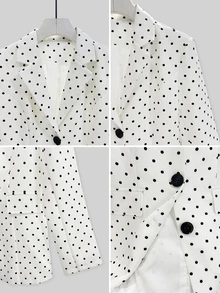SHEIN PariChic Autumn/Winter New Women's 2 Pieces Suit Set, Fashionable Versatile Polka Dot Long Sleeve Blazer With Skirt, Suitable For Outings, Commuting, Office, Casual Wear, Open-Front Cardigan Outfit - White - View 5