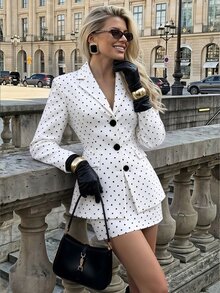 SHEIN PariChic Autumn/Winter New Women's 2 Pieces Suit Set, Fashionable Versatile Polka Dot Long Sleeve Blazer With Skirt, Suitable For Outings, Commuting, Office, Casual Wear, Open-Front Cardigan Outfit - White - View 8