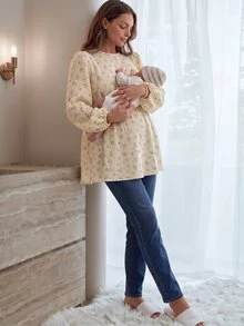 Slowluna 女款全印花哺乳功能休閒浪漫 L'amoure 日常長袖上衣 秋季嬰兒洗禮白色 - 杏色 - 查看 3