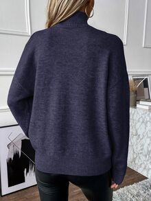 SHEIN Autumn/Winter Casual Solid Color Turtleneck Off-Shoulder Sweater - Navy Blue - View 3