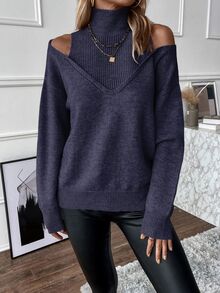 SHEIN Autumn/Winter Casual Solid Color Turtleneck Off-Shoulder Sweater - Navy Blue - View 5