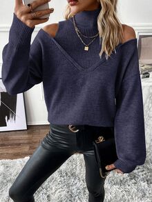 SHEIN Autumn/Winter Casual Solid Color Turtleneck Off-Shoulder Sweater - Navy Blue - View 6
