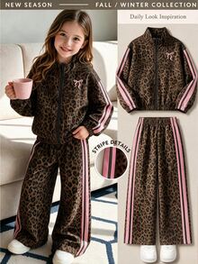 SHEIN Tween Girls Fall Outfits Fall 2pcs/Set Girls' Outfit Set: Colorful Striped Zipper Jacket With Embroidered Bow And Elastic Waist Pants - Multicolor - View 2