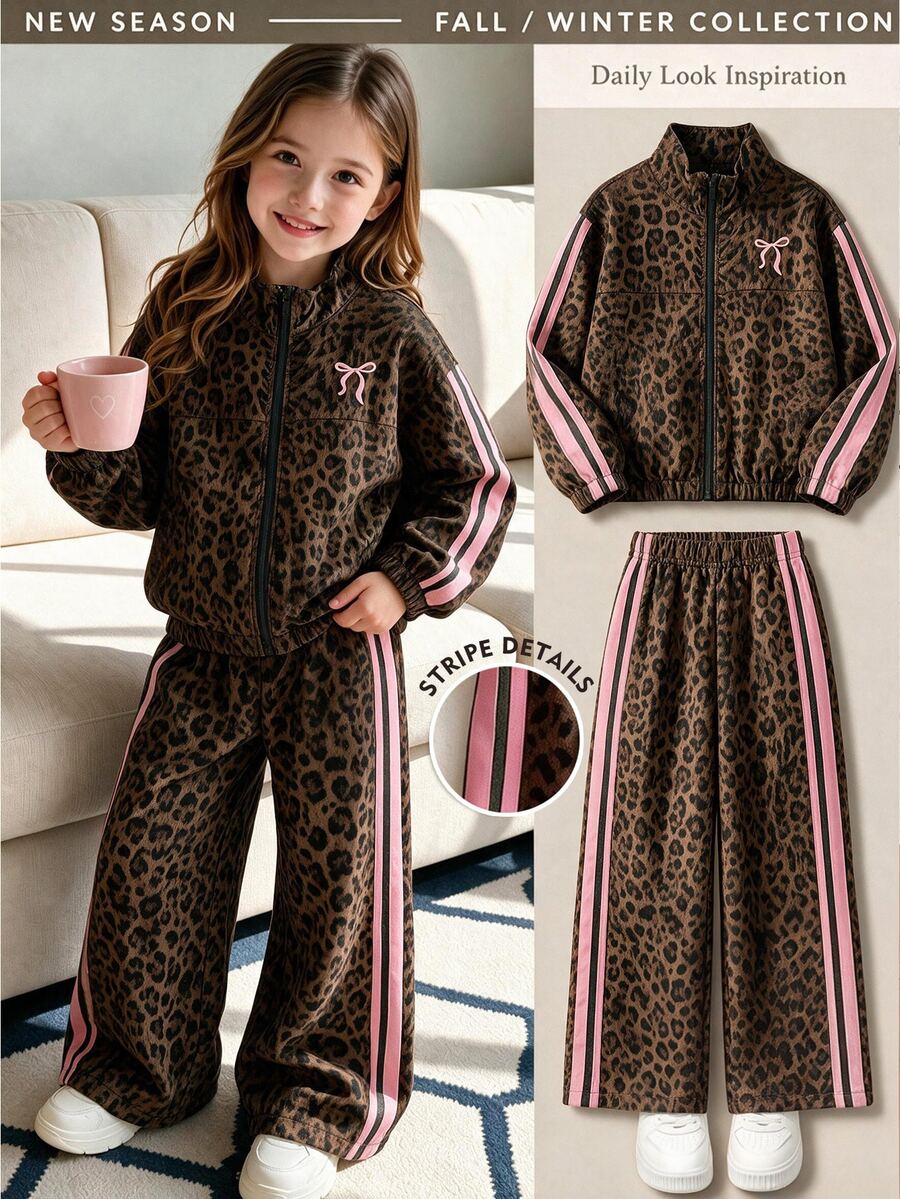 SHEIN Tween Girls Fall Outfits Fall 2pcs/Set Girls' Outfit Set: Colorful Striped Zipper Jacket With Embroidered Bow And Elastic Waist Pants