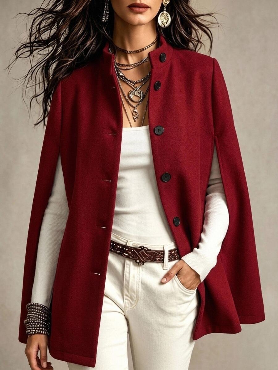 EMERY ROSE Women's Solid Color Casual Versatile Daily Overcoat Winter Outfit For Women Winter Outfit For Women - Burgundy - View 1