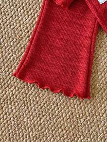 SHEIN 2Pcs Toddler Girl Top Flare Pants Cute Red Textured Knit Asymmetrical Hem Ruffle Long Sleeve Mock Neck Thick Holiday Party Fall Sweaters Set - Red - View 8