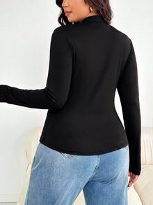 Shapeblank 大尺碼女款秋冬時尚休閒彈性舒適日常黑色立領上衣，適合秋季/冬季、感恩節、新年 - 黑色 - 查看 3