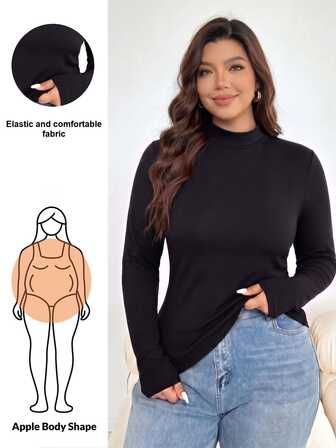 Shapeblank Kaos Dalaman Wanita Ukuran Besar Musim Gugur/Dingin Modis Musim Semi/Musim Dingin Elastis Nyaman untuk Sehari-hari Kerah Tegak Hitam Lengan Panjang Potongan Ramping