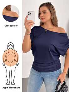Shapeblank Plus Size Women's Navy Blue Summer Short-Sleeved T-Shirt,Smart Casual Off-Shoulder Slim Work Tops,Night Out Club Fashion Loose Comfortable Daily Tee - Navy Blue - View 2