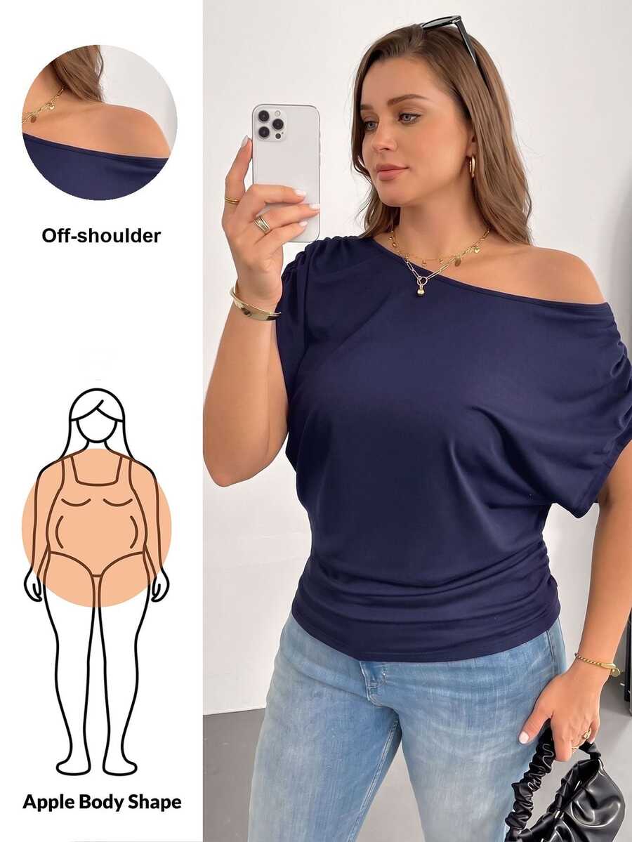 Shapeblank Plus Size Women's Navy Blue Summer Short-Sleeved T-Shirt,Smart Casual Off-Shoulder Slim Work Tops,Night Out Club Fashion Loose Comfortable Daily Tee