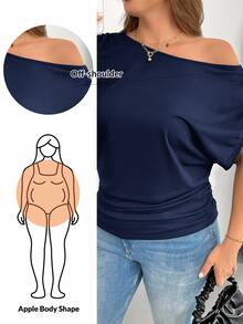 Shapeblank Plus Size Women's Navy Blue Summer Short-Sleeved T-Shirt,Smart Casual Off-Shoulder Slim Work Tops,Night Out Club Fashion Loose Comfortable Daily Tee - Navy Blue - View 4