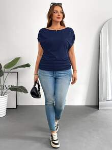 Shapeblank Plus Size Women's Navy Blue Summer Short-Sleeved T-Shirt,Smart Casual Off-Shoulder Slim Work Tops,Night Out Club Fashion Loose Comfortable Daily Tee - Navy Blue - View 5