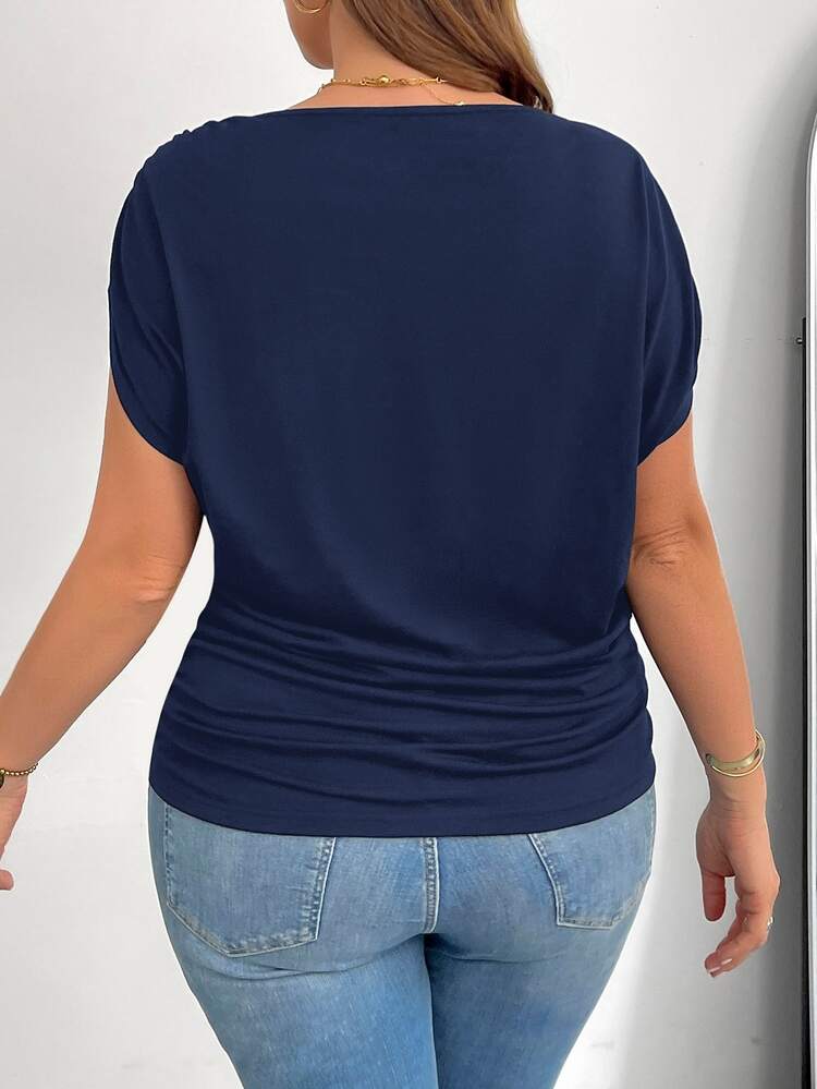Shapeblank Plus Size Women's Navy Blue Summer Short-Sleeved T-Shirt,Smart Casual Off-Shoulder Slim Work Tops,Night Out Club Fashion Loose Comfortable Daily Tee - Navy Blue - View 2