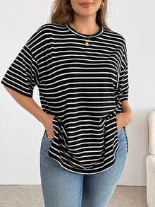 Shapeblank 大码女装春夏时尚休闲宽松舒适日常百搭黑白条纹短袖超宽松T恤，夏季，超大码上衣，简约风格，工作上衣 - 黑與白 - 查看 5