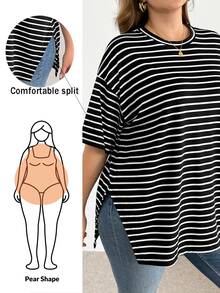 Shapeblank 大码女装春夏时尚休闲宽松舒适日常百搭黑白条纹短袖超宽松T恤，夏季，超大码上衣，简约风格，工作上衣 - 黑與白 - 查看 7
