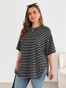 Shapeblank 大码女装春夏时尚休闲宽松舒适日常百搭黑白条纹短袖超宽松T恤，夏季，超大码上衣，简约风格，工作上衣 - 黑與白 - 查看 4