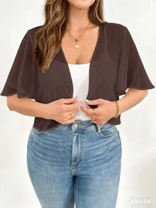 Shapeblank Plus Size Women's Brown Elegant Chiffon Short-Sleeved Cardigan,Loose Perspective Sun Protection Coats,Wedding Guest Tops,Cruise Women Fall - Brown - View 6