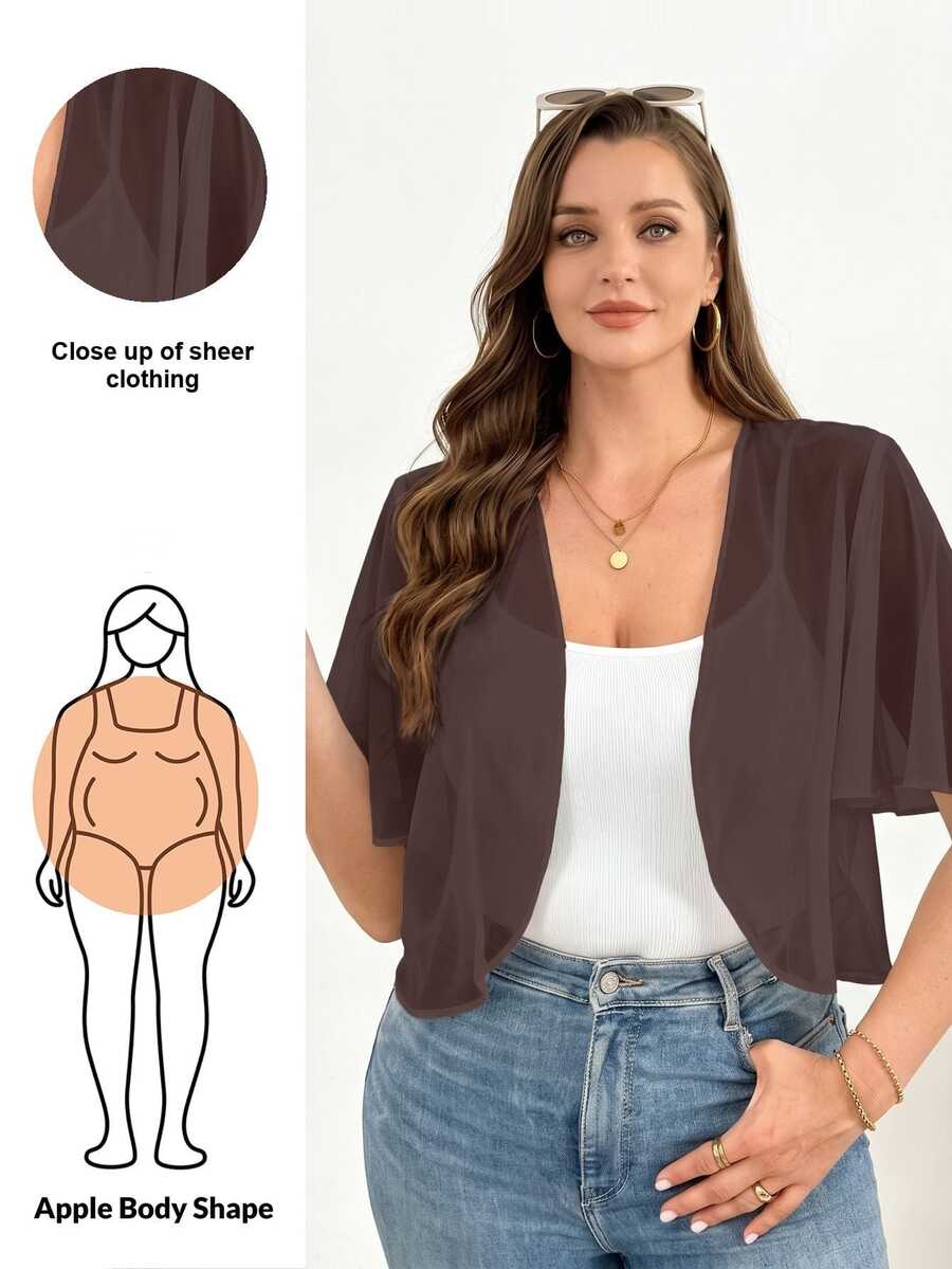 Shapeblank Plus Size Women's Brown Elegant Chiffon Short-Sleeved Cardigan,Loose Perspective Sun Protection Coats,Wedding Guest Tops,Cruise Women Fall - Brown - View 1