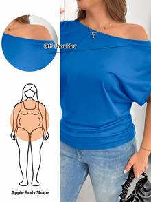 Shapeblank Plus Size Women's Royal Blue Summer Off-Shoulder Short-Sleeved T-Shirt,Smart Casual Loose Comfortable Work Tops,Versatile Night Out Club Slim T-Shirt - Blue - View 3