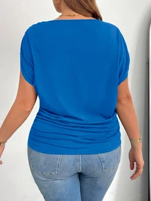 Shapeblank Plus Size Women's Royal Blue Summer Off-Shoulder Short-Sleeved T-Shirt,Smart Casual Loose Comfortable Work Tops,Versatile Night Out Club Slim T-Shirt - Blue - View 2