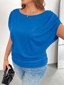 Shapeblank Plus Size Women's Royal Blue Summer Off-Shoulder Short-Sleeved T-Shirt,Smart Casual Loose Comfortable Work Tops,Versatile Night Out Club Slim T-Shirt - Blue - View 4