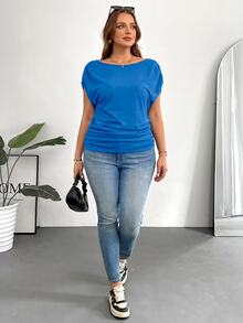 Shapeblank Plus Size Women's Royal Blue Summer Off-Shoulder Short-Sleeved T-Shirt,Smart Casual Loose Comfortable Work Tops,Versatile Night Out Club Slim T-Shirt - Blue - View 5