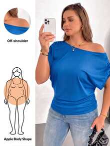 Shapeblank Plus Size Women's Royal Blue Summer Off-Shoulder Short-Sleeved T-Shirt,Smart Casual Loose Comfortable Work Tops,Versatile Night Out Club Slim T-Shirt - Blue - View 1