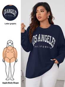 Shapeblank Plus Size Women's Casual Round Neck Drop Shoulder Sleeve Letter Print T-Shirt, Spring & Summer Fall - Navy Blue - View 1
