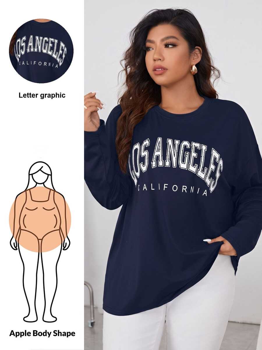 Shapeblank Plus Size Women's Casual Round Neck Drop Shoulder Sleeve Letter Print T-Shirt, Spring & Summer Fall - Navy Blue - View 1