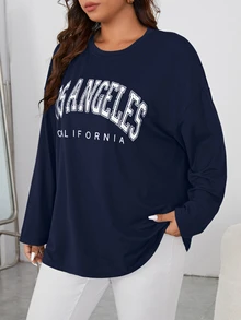 Shapeblank Plus Size Women's Casual Round Neck Drop Shoulder Sleeve Letter Print T-Shirt, Spring & Summer Fall - Navy Blue - View 5