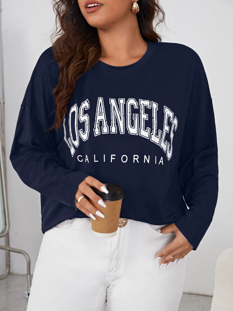 Shapeblank Plus Size Women's Casual Round Neck Drop Shoulder Sleeve Letter Print T-Shirt, Spring & Summer Fall - Navy Blue - View 6