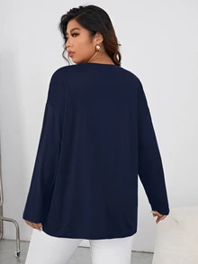 Shapeblank Plus Size Women's Casual Round Neck Drop Shoulder Sleeve Letter Print T-Shirt, Spring & Summer Fall - Navy Blue - View 2