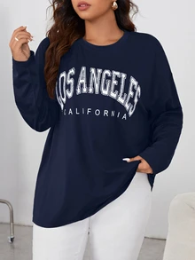 Shapeblank Plus Size Women's Casual Round Neck Drop Shoulder Sleeve Letter Print T-Shirt, Spring & Summer Fall - Navy Blue - View 3