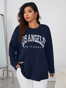 Shapeblank Plus Size Women's Casual Round Neck Drop Shoulder Sleeve Letter Print T-Shirt, Spring & Summer Fall - Navy Blue - View 4