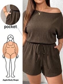 Shapeblank Plus Size Women's Spring/Summer Casual Elastic Comfortable Daily Basic Versatile Slimming Textured Fabric Brown Off-Shoulder Short Sleeve Romper - Brown - View 4