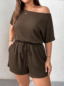 Shapeblank Plus Size Women's Spring/Summer Casual Elastic Comfortable Daily Basic Versatile Slimming Textured Fabric Brown Off-Shoulder Short Sleeve Romper - Brown - View 5