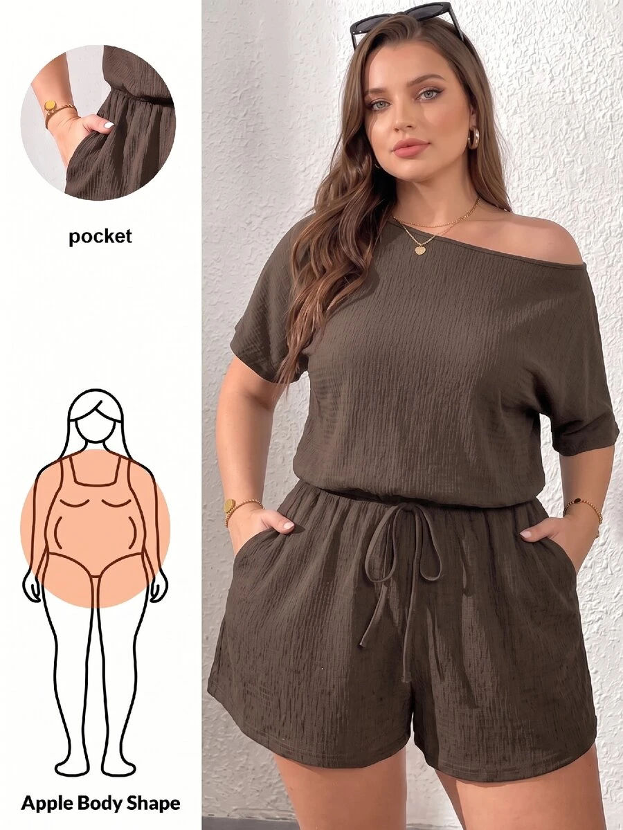 Shapeblank Plus Size Women's Spring/Summer Casual Elastic Comfortable Daily Basic Versatile Slimming Textured Fabric Brown Off-Shoulder Short Sleeve Romper