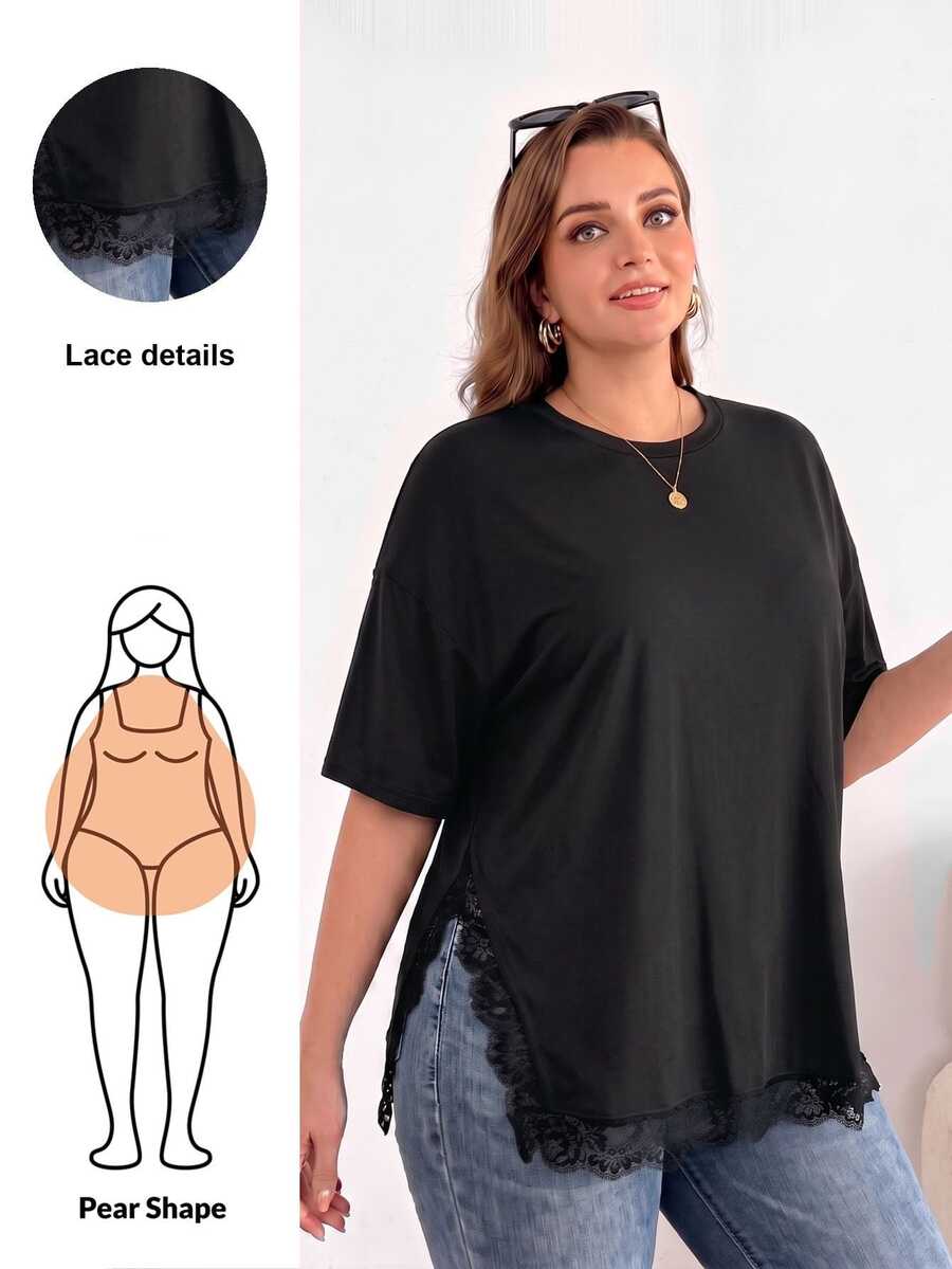 Shapeblank 大码女装春夏时尚休闲宽松舒适日常百搭显瘦蕾丝边黑色短袖T恤，夏季穿搭，简约风格，超大款上衣，欧洲夏季