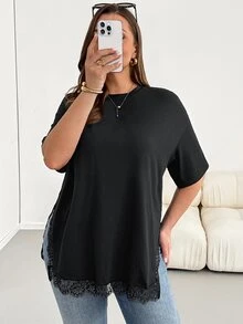 Shapeblank 大码女装春夏时尚休闲宽松舒适日常百搭显瘦蕾丝边黑色短袖T恤，夏季穿搭，简约风格，超大款上衣，欧洲夏季 - 黑色 - 查看 7
