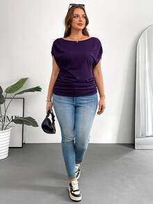 Shapeblank Plus Size Women's Spring And Summer Fashion Casual Loose And Comfortable Daily Versatile Slim Short-Sleeved T-Shirt, Simple Style, Work Top, European Summer, Open Shoulder Top, Church For Women, Teacher - Purple - View 5