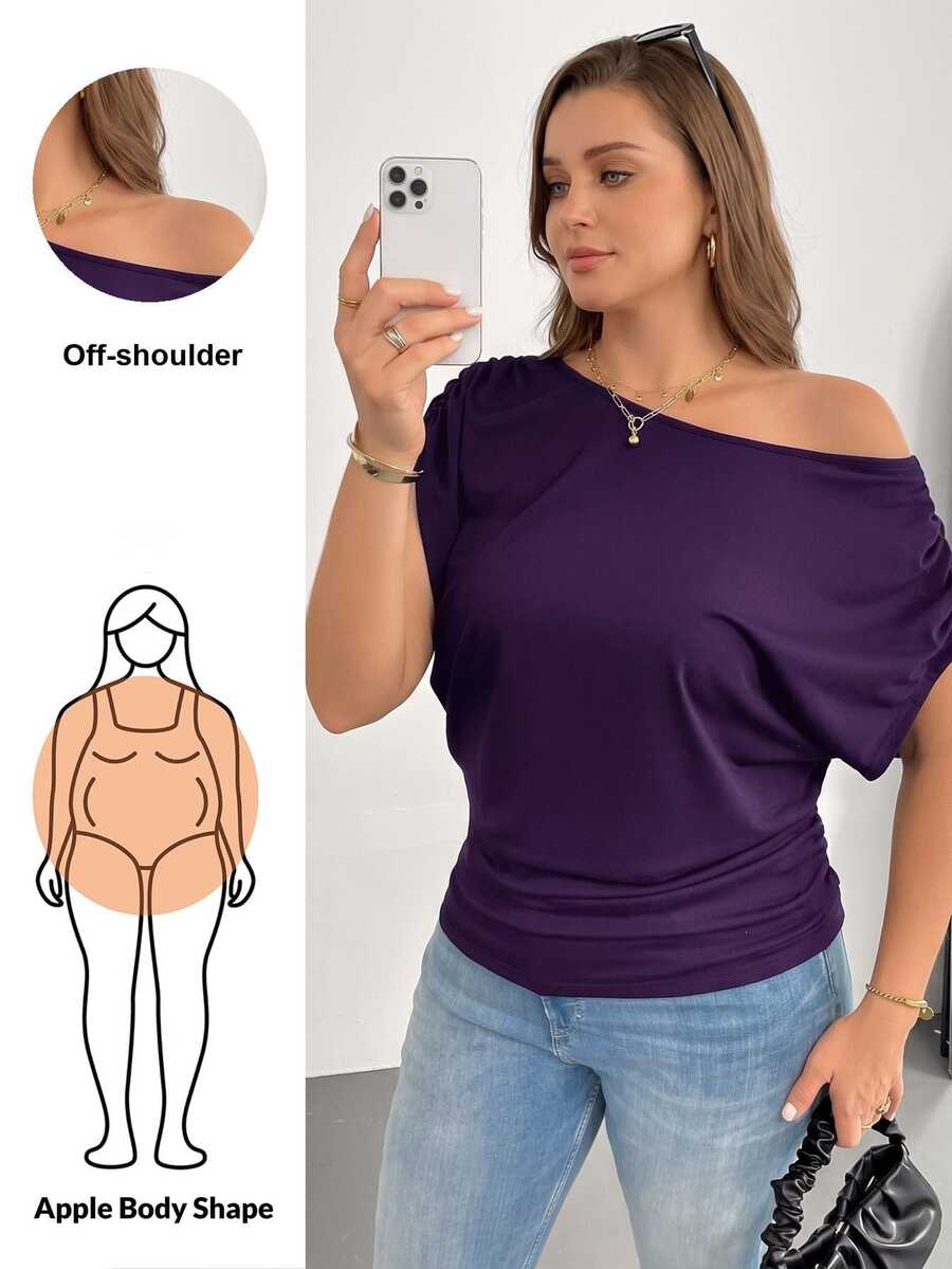 Shapeblank Plus Size Women's Spring And Summer Fashion Casual Loose And Comfortable Daily Versatile Slim Short-Sleeved T-Shirt, Simple Style, Work Top, European Summer, Open Shoulder Top, Church For Women, Teacher - Purple - View 1