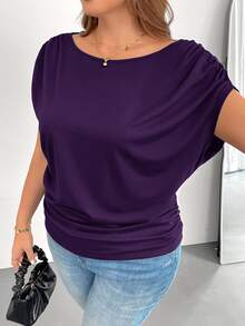 Shapeblank Plus Size Women's Spring And Summer Fashion Casual Loose And Comfortable Daily Versatile Slim Short-Sleeved T-Shirt, Simple Style, Work Top, European Summer, Open Shoulder Top, Church For Women, Teacher - Purple - View 4