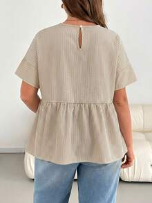 Shapeblank Plus-Size Women's Summer Casual Everyday White Sequence Blue Striped Short-Sleeved Shirt,Loose Comfortable Blouse,Curve Cute Simple Style - Brown - View 2