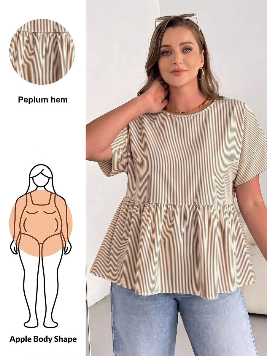 Shapeblank Plus-Size Women's Summer Casual Everyday White Sequence Blue Striped Short-Sleeved Shirt,Loose Comfortable Blouse,Curve Cute Simple Style - Brown - View 1